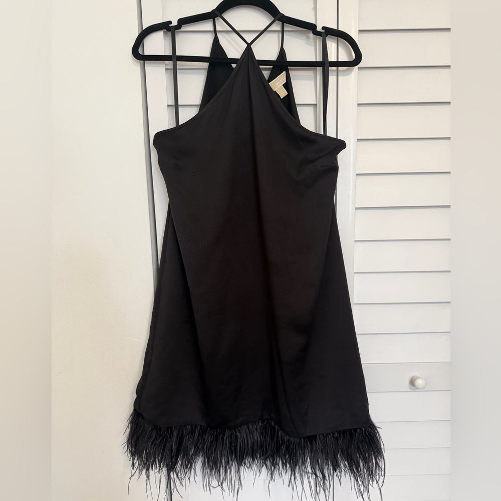 NWT Michael Kors Black Halter Mini Dress Feather Hem Open Back Size S